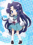  1girl artist_name asakura_ryouko blue_eyes blue_hair blue_sailor_collar blue_skirt brown_footwear full_body kita_high_school_uniform kneehighs kuuma25_kuma loafers long_hair long_sleeves looking_at_viewer polka_dot polka_dot_background red_ribbon ribbon sailor_collar school_uniform serafuku shoes skirt socks solo standing suzumiya_haruhi_no_yuuutsu twitter_username watermark white_socks 