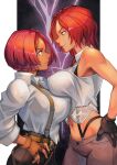  2girls asymmetrical_docking bell-bottoms belt breast_press breasts brown_gloves dark-skinned_female dark_skin docking giovanna_(guilty_gear) gloves gold_belt guilty_gear high-waist_pants hinoru_saikusa large_breasts multiple_belts multiple_girls necktie partially_unbuttoned plunging_neckline police_badge red_hair sleeveless sleeves_pushed_up suspenders suspenders_hanging the_king_of_fighters vanessa_(kof) 