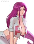  1girl blue_eyes breasts highres jessie_(pokemon) large_breasts looking_at_viewer open_clothes pokemon pokemon_(anime) pokemon_(classic_anime) purple_hair rovintus simple_background single_letter solo team_rocket team_rocket_uniform white_background 
