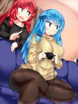  2girls alternate_costume ass black_hair blue_hair braid breasts casual commentary_request controller couch curtains game_controller hisui_(stapspats) indoors kotonoha_akane kotonoha_aoi large_breasts leaning_on_object legs long_hair multiple_girls on_couch playing_games pointing red_hair side_braid sitting sweater thighhighs twin_braids voiceroid 