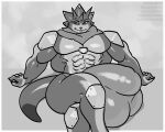  anthro bandai_namco betelgammamon borisalien crossed_legs digimon digimon_ghost_game hi_res horn male muscular muscular_anthro muscular_male muscular_thighs pecs smile smirk solo thick_thighs 