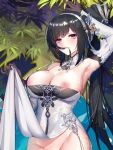  1girl arm_up armpits azur_lane black_gloves blush breasts breasts_out chen_hai_(azur_lane) china_dress chinese_clothes chinese_commentary clothes_lift cowboy_shot dakimakura_(medium) detached_collar detached_sleeves dress from_above furrowed_brow gloves groin hair_in_mouth hair_ornament hairband large_breasts lifted_by_self lips long_hair looking_at_viewer lying lying_on_water misheng_liu_yin nipples no_panties on_back out-of-frame_censoring parted_lips partially_submerged pelvic_curtain pelvic_curtain_lift pink_eyes plant solo straight_hair strapless strapless_dress water wet wet_clothes white_dress white_hairband 