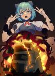  1girl annyui_(cookie) bangs bejili blue_bow blue_eyes blue_hair blush bow bowtie breasts cirno collared_shirt commentary_request cookie_(touhou) double_v explosion fire hair_bow highres niconico open_mouth puffy_short_sleeves puffy_sleeves red_bow red_bowtie shirt short_hair short_sleeves small_breasts solo touhou upper_body v white_shirt 