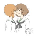  3girls akiyama_yukari bangs black_neckerchief blouse blush brown_hair chibi closed_eyes closed_mouth commentary cropped_torso facing_another gazimon3 girls_und_panzer imminent_kiss jitome long_sleeves looking_at_another messy_hair motion_lines multiple_girls neckerchief nishizumi_miho ooarai_school_uniform reizei_mako sailor_collar school_uniform serafuku shirt short_hair simple_background sweatdrop translated white_background white_sailor_collar white_shirt yuri 