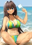  1girl absurdres alternate_costume aozaki_aoko bangs beach bikini blue_bikini blue_eyes breasts brown_hair cleavage commentary_request food green_bikini hair_between_eyes hair_intakes highres holding holding_food large_breasts long_hair looking_at_viewer mahou_tsukai_no_yoru moobong multicolored_bikini multicolored_clothes navel outdoors popsicle sand sitting sky solo stomach swimsuit tongue tongue_out water 