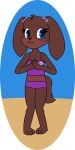  1:2 2022 4_fingers alpha_channel anthro bare_shoulders beach bikini biped bird_dog blue_eyes breasts brown_body brown_fur brown_nose canid canine canis circle_background cleavage clothed clothing cocker_spaniel digital_media_(artwork) dog_ears dog_tail domestic_dog ear_bow evelyn_(pazymomo) eyelashes female fingers footprint fully_clothed fur hands_together hands_together_elbows_apart hi_res hunting_dog mammal midriff navel outside pawprint paws pazymomo purple_bikini purple_bikini_bottom purple_bikini_top purple_clothing purple_swimwear sand seaside smile solo spaniel standing swimwear tankini 