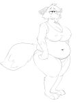  2022 3_toes anthro big_breasts breasts canid canine cheek_tuft cleavage clothed clothing deep_navel digital_media_(artwork) dipstick_tail ears_down erect_nipples erect_nipples_under_clothes facial_tuft feet female fluffy fluffy_tail fox full-length_portrait half-closed_eyes hi_res huge_breasts inner_ear_fluff mammal markings monochrome narrowed_eyes navel neck_tuft nipple_outline nipples overweight overweight_anthro overweight_female pivoted_ears portrait sketch skindentation solo standing tail_markings thick_thighs tired tired_eyes titsunekitsune toes tongue tongue_out tuft wide_hips zera_(titsunekitsune) 