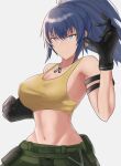  1girl absurdres armlet blue_eyes blue_hair breasts camouflage camouflage_pants clenched_hand dog_tags gloves highres large_breasts leona_heidern midriff navel pants ponytail sicescythe simple_background solo tank_top the_king_of_fighters the_king_of_fighters_xv white_background yellow_tank_top 