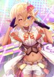 1girl ;) alternate_costume aura_bella_fiora bangs bare_shoulders belt black_gloves blonde_hair blue_eyes cowboy_shot dark_skin elf frilled_shorts frills gloves highres holding holding_microphone idol idol_clothes jacket looking_at_viewer microphone midriff navel one_eye_closed orange_ribbon overlord_(maruyama) pointy_ears reverse_trap ribbon shiny shiny_hair shiny_skin shirt shorts sleeveless smile solo stage stage_lights star_(symbol) thighs tsugu0302 white_shorts 
