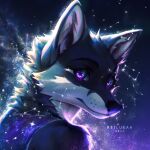  1:1 2022 anthro black_body black_fur black_nose canid canine digital_media_(artwork) eyebrows eyelashes fox fur headshot_portrait male mammal nude portrait purple_eyes reilukah white_body white_fur 