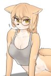  2022 anthro barely_visible_genitalia barely_visible_pussy black_nose blush bottomless breasts canid canine cleavage clothed clothing countershading crop_top eyewear female female_anthro fox fur genitals glasses hair hi_res jeifier kemono korfiorano looking_at_viewer mammal multicolored_body multicolored_fur pussy round_glasses shirt solo tan_body tan_fur tan_hair topwear two_tone_body two_tone_fur white_body white_fur yellow_eyes 