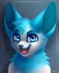  ambiguous_gender anthro black_eyebrows bloominglynx blue_body blue_ears blue_eyes blue_fur blue_head_tuft blue_inner_ear bust_portrait canid canine cheek_tuft digital_media_(artwork) eyebrows facial_tuft fangs fennec finouk fox fur glistening glistening_eyes head_tuft hi_res looking_at_viewer mammal neck_tuft nude open_mouth open_smile pink_tongue portrait shaded signature simple_background smile solo tongue tuft white_body white_fur 