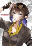  1girl absurdres arknights bandaid bandaid_on_face blue_hair breasts brown_hair character_name cleavage colored_inner_hair eunectes_(arknights) fingerless_gloves gears gloves goggles goggles_on_head grey_eyes highres jiru_(6pp_ab) multicolored_hair pointy_ears steampunk 