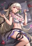  1girl :o alternate_costume bangs bikini bikini_skirt black_hairband breasts cleavage commentary_request corrin_(fire_emblem) corrin_(fire_emblem)_(female) corrin_(summer)_(fire_emblem)_(female) fire_emblem fire_emblem_fates fire_emblem_heroes flower flower_necklace gonzarez grey_hair hair_between_eyes hair_flower hair_ornament hairband highres large_breasts long_hair looking_at_viewer lying navel official_alternate_costume pink_flower red_eyes skirt slit_pupils solo stomach swimsuit very_long_hair white_bikini white_skirt 