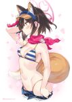  1girl animal_ear_fluff animal_ears bangs bikini blue_archive blush breasts brown_hair cleavage clothes_pull extra_ears fox_ears fox_girl fox_tail halo highres izuna_(blue_archive) izuna_(swimsuit)_(blue_archive) looking_at_viewer medium_breasts navel parted_lips red_scarf scarf short_hair shorts shorts_pull solo standing stomach string_bikini striped striped_bikini super_zombie sweat swimsuit tail translation_request upper_body visor_cap yellow_eyes 