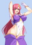  1girl arms_up blue_eyes breasts cameltoe covered_navel covered_nipples gundam gundam_seed gundam_seed_destiny hair_ornament highleg highleg_leotard highres impossible_clothes impossible_leotard large_breasts leotard long_hair looking_at_viewer meer_campbell nikomiudon_06 pink_hair purple_leotard shiny shiny_clothes shiny_hair shiny_skin simple_background skin_tight solo standing star_(symbol) star_hair_ornament 