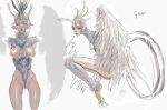  1girl azure_meraki bird_tail black_eyes breasts claws closed_mouth concept_art dated harpy highres looking_at_viewer medium_breasts monster_girl multiple_views nipples original pussy sanpaku short_hair signature tail white_hair white_wings winged_arms wings 