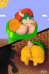  absurd_res anthro anus balls border bowser butt claws collar duo genitals hi_res horn humanoid_genitalia humanoid_penis koopa male mario_bros nintendo penis pipe scalie spiked_collar spikes stuck surprise surprised_expression teeth through_wall toe_claws toe_curl video_games yentrix 