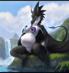  2022 absurd_res anthro bahnbahn_(artist) black_body breasts dragon female genitals glaive_wyvern hi_res membrane_(anatomy) membranous_wings milk nipples nude outside pregnant pregnant_female pussy rock scalie solo water white_body wings wyvern zera_stormfire 