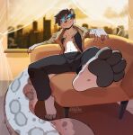  2022 4_toes 5_fingers anthro barefoot blue_eyes claws clothed clothing detailed_background digital_media_(artwork) eyebrows eyelashes feet felid fingers foot_focus hi_res kittydee leopard male mammal pantherine sitting smile solo toes 