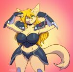  2022 5_fingers anthro blonde_hair breasts clothed clothing digital_media_(artwork) domestic_cat felid feline felis female fingers fur green_eyes hair hi_res kittydee mammal midriff navel smile solo yellow_body yellow_fur 