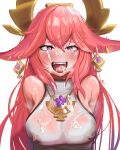  1girl absurdres animal_ears bare_shoulders blush breasts bukkake covered_nipples cum cum_in_mouth cum_on_clothes cum_on_hair cum_on_tongue cumdrip earrings facial fox_ears genshin_impact hair_between_eyes headpiece highres jewelry large_breasts long_hair looking_at_viewer open_mouth pendant pink_hair prev/next purple_eyes see-through shirt signature sleeveless sleeveless_shirt solo teeth upper_body upper_teeth wet wet_clothes wet_shirt white_background white_shirt yae_miko 