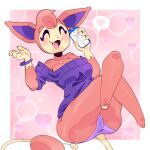  anthro blush breasts cheribunie clothed clothing eyes_closed female generation_3_pokemon holding_object nintendo open_mouth phone pink_body pokemon pokemon_(species) pokemorph skitty solo tinder_skitty video_games 