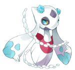  back_bow blue_eyes blue_gemstone bow colored_sclera commentary english_commentary froslass full_body gem ice looking_to_the_side no_humans pokemon pokemon_(creature) puddingx2 red_bow sash simple_background solo white_background white_theme yellow_sclera 