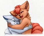 anthro black_nose bloominglynx blue_inner_ear blue_nose cheek_tuft duo elbow_tuft embrace eyes_closed facial_tuft fangs fur grey_body grey_fur grey_tail hair happy hug neck_tuft nintendo open_mouth orange_body orange_ears orange_fur pokemon red_body red_fur red_hair red_tail red_tongue simple_background species_request tongue tuft video_games white_background 