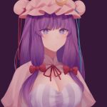  1girl ariichurro bangs blue_ribbon blush bow bowtie capelet closed_mouth crescent crescent_hat_ornament double_bun dress hair_bow hair_bun hat hat_ornament hat_ribbon highres long_hair looking_at_viewer mob_cap patchouli_knowledge pink_capelet pink_headwear purple_background purple_dress purple_eyes purple_hair red_bow red_bowtie red_ribbon ribbon short_sleeves simple_background solo striped striped_dress touhou upper_body 
