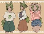  2022 animal_humanoid bottomwear canid canid_humanoid canine canine_humanoid clothing cutoffs denim denim_clothing dress_shirt female fox_humanoid foxtrot_(glacierclear) glacierclear green_hair hair hi_res humanoid mammal mammal_humanoid matcha_green_tea_(glacierclear) multi_tail multiple_outfits pattern_clothing pattern_shirt pattern_topwear polo_shirt shirt shorts skirt smile solo striped_clothing striped_shirt striped_topwear stripes t-shirt topwear torn_bottomwear torn_clothing torn_shorts vest 