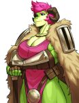 2022 absurd_res armor blue_eyes bracers breasts cape cleavage clothed clothing dragon female green_body hair hi_res horn pink_hair portrait scalie simple_background solo sotcho three-quarter_portrait white_background 