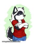  alan_foreman anthro black_body black_fur black_nose breasts canid canine canis clothed clothing crossed_arms domestic_dog female fur hair mammal mikittok_qimmiq nordic_sled_dog short_tail solo spitz the_whiteboard webcomic webcomic_character white_hair 