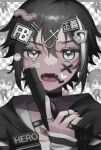  +_+ 1boy absurdres aruminsuko bandaid black_hair choker crying fangs gothic grey_eyes gun hair_ornament hairclip heart highres jewelry long_sleeves looking_at_viewer male_focus nail_polish original ring striped_sleeves tearing_up tears weapon 