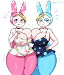  animal_crossing anthro big_breasts breast_squish breasts breasts_frottage chrissy_(animal_crossing) cleavage clothed clothing duo female francine_(animal_crossing) genitals hi_res lagomorph leporid mammal nintendo pussy rabbit sibling sister sisters squish startop thick_thighs video_games 