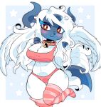  anthro bell bell_collar big_breasts blush breasts cheribunie cleavage clothed clothing collar female generation_3_pokemon hi_res legwear mega_absol mega_evolution nintendo pokemon pokemon_(species) pokemorph solo underwear video_games white_body wings 