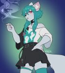  2022 5_fingers anthro blue_hair bottomwear breasts canid canine claws clothed clothing collar digital_media_(artwork) eyebrows eyelashes female fingers hair hi_res kittydee looking_at_viewer mammal open_mouth red_eyes simple_background skirt solo teeth tongue 