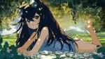  1girl absurdres animal_ear_fluff animal_ears bangs bare_arms bare_shoulders black_hair blush cat_ears dappled_sunlight english_commentary flower green_eyes hair_between_eyes highres kgt_(pixiv12957613) light long_hair lying nature on_stomach open_mouth original panties plant shirt sleeveless sleeveless_shirt solo sunlight underwear very_long_hair white_shirt 