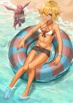  1girl aura_bella_fiora bangs bare_shoulders barefoot beach black_shorts blonde_hair blue_eyes candy dark_elf day elf food food_in_mouth full_body green_eyes heterochromia highres jewelry lollipop looking_at_viewer midriff mouth_hold navel necklace outdoors overlord_(maruyama) pointy_ears shiny shiny_hair shiny_skin short_hair shorts solo swimsuit tsugu0302 