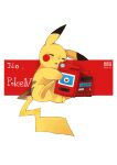  ^_^ absurdres animal_focus barcode blush_stickers closed_eyes commentary english_commentary english_text fang heart highres holding no_humans open_mouth pikachu pokedex pokemon pokemon_(creature) pokemon_(game) pokemon_rgby puddingx2 simple_background sitting sleeping solo white_background 