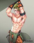  1boy abs achilles_(fate) armpit_hair armpits artist_name bara black_gloves closed_mouth clothes_around_waist fate/apocrypha fate/grand_order fate_(series) gloves goggles goggles_on_head green_hair green_jacket highres jacket jacket_around_waist large_pectorals male_focus muscular muscular_male navel nipples orange_pants otokobara pants patreon_username pectorals short_hair smile solo topless_male 