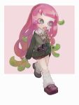 1girl alternate_costume bag bow bowtie brown_skirt cardigan cellphone clownfish collared_shirt colored_eyelashes drooling fish full_body gradient_hair green_cardigan green_eyes green_hair handbag harmony&#039;s_clownfish_(splatoon) harmony_(splatoon) highres loafers long_hair long_sleeves loose_socks maze_(mazel_mns) miniskirt multicolored_hair no_eyebrows no_nose open_mouth phone pink_hair pink_pupils pleated_skirt purple_footwear school_uniform shirt shoes skirt sleeves_past_wrists socks splatoon_(series) splatoon_3 striped striped_bow striped_bowtie tamagotchi tentacle_hair two-tone_hair very_long_hair walking white_shirt white_socks 