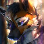  1:1 2022 anthro black_body black_fur brown_hair canid canine digital_media_(artwork) eyebrows eyelashes fur hair headshot_portrait male mammal portrait reilukah solo white_body white_fur 