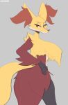  anthro big_breasts breasts cooliehigh delphox female fur generation_6_pokemon hi_res huge_breasts looking_back nintendo pokemon pokemon_(species) red_body red_eyes red_fur simple_background solo translucent translucent_body video_games yellow_body yellow_fur 