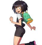  1girl ass back_peek backpack bag bangs bike_shorts black_footwear black_hair black_shorts black_socks black_sweater_vest blush brown_eyes clenched_hand commentary dress_shirt english_commentary foot_up from_behind from_side looking_at_viewer looking_back mangamaster marvel open_mouth peni_parker round_teeth school_uniform shirt shoes short_hair short_sleeves shorts simple_background socks solo spider-man:_into_the_spider-verse spider-man_(series) surprised sweater_vest teeth upper_teeth white_background white_shirt wide-eyed 