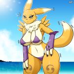  absurd_res anthro bandai_namco big_breasts bikini black_sclera breasts butt_from_the_front chest_tuft clothing digimon digimon_(species) female fur hi_res normi renamon solo swimwear tuft yellow_body yellow_fur 