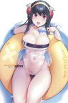  1girl black_hair breasts covered_navel flower gris_swimsuit hair_flower hair_ornament hairband highres hot_vr innertube large_breasts long_hair looking_at_viewer meme_attire open_mouth partially_submerged red_eyes see-through solo spy_x_family thighs water yellow_hairband yor_briar 