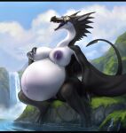  2022 absurd_res anthro areola bahnbahn_(artist) belly big_belly big_breasts black_body breasts dragon female genitals glaive_wyvern hi_res hyper hyper_pregnancy membrane_(anatomy) membranous_wings milk nipples nude outside pregnant pregnant_female purple_areola purple_nipples pussy rock scalie solo water white_body wings wyvern zera_stormfire 