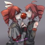  2girls ahoge arm_tattoo bare_shoulders black_shirt black_skirt blush bow candy_apple closed_mouth collared_shirt detached_sleeves drill_hair dual_persona eye_contact flat_chest food grey_background grey_jacket grey_skirt hair_bow half-closed_eyes hato_no_mune_wo_momitai holding holding_another's_wrist holding_food jacket kasane_teto kasane_teto_(sv) kasane_teto_(utau) licking long_sleeves looking_at_another multiple_girls red_eyes red_hair selfcest shirt short_hair skirt sleeveless sleeveless_shirt sweat synthesizer_v tattoo tongue tongue_out twin_drills twitter_username upper_body utau wide-eyed yuri 