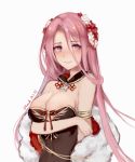  1girl 2019 alternate_costume anchor_symbol areola_slip areolae armlet artist_name azur_lane bangs black_dress blush breast_hold breasts chand cleavage covered_navel dated dress embarrassed feather_boa flower hair_between_eyes hair_flower hair_ornament happy_new_year highres lexington_(azur_lane) long_hair medium_breasts new_year parted_bangs pink_hair purple_eyes signature simple_background sleeveless solo straight_hair tareme upper_body white_background 